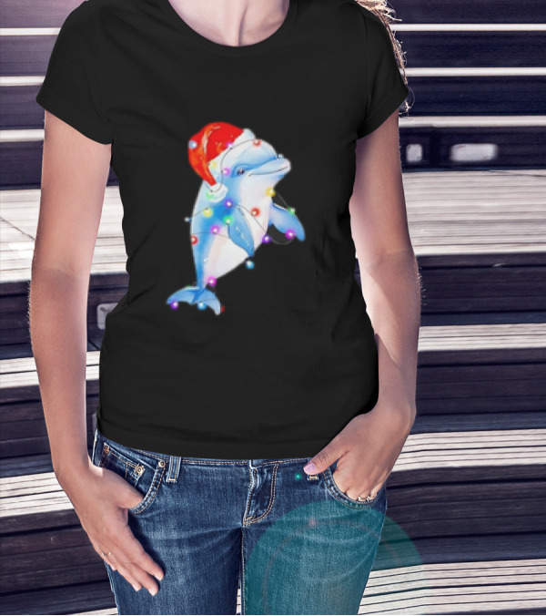 Dolphin Santa Hat Christmas Lights T-Shirt