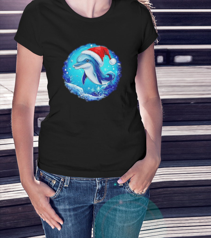 Dolphins Christmas Cute Santa Hat Snowflakes T-Shirt