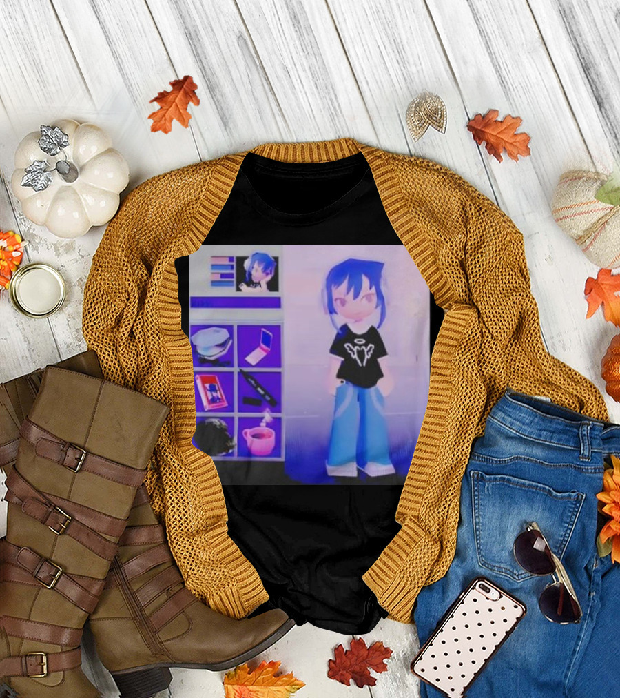 Nikki Carreon Basic Necessities Anime Character with Blue Hair and Black T-Shirt