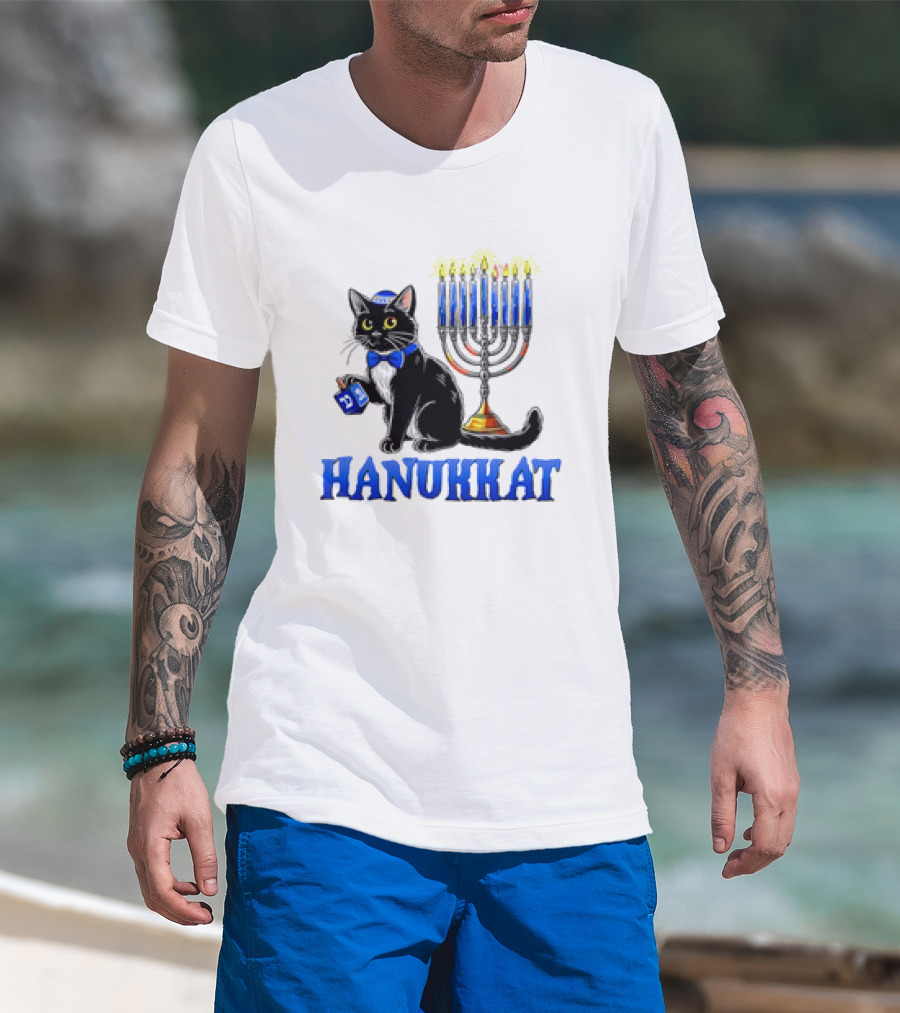 Hanukkat Cute Happy Hanukkah Jewish Cat Menorah Chanukah T-Shirt