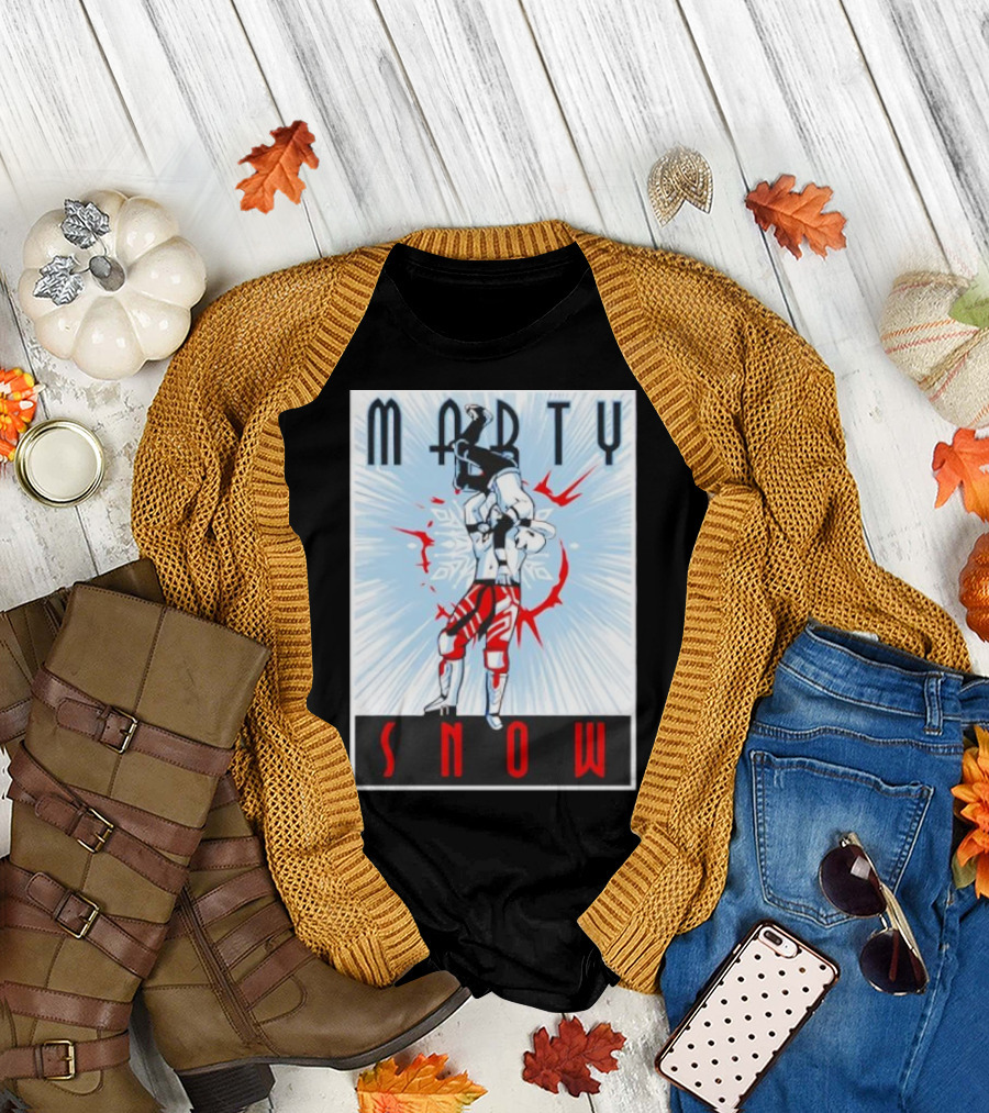 Marty Snow Wrestling Suplex Action Scene with Snowflakes and Dynamic T-Shirt