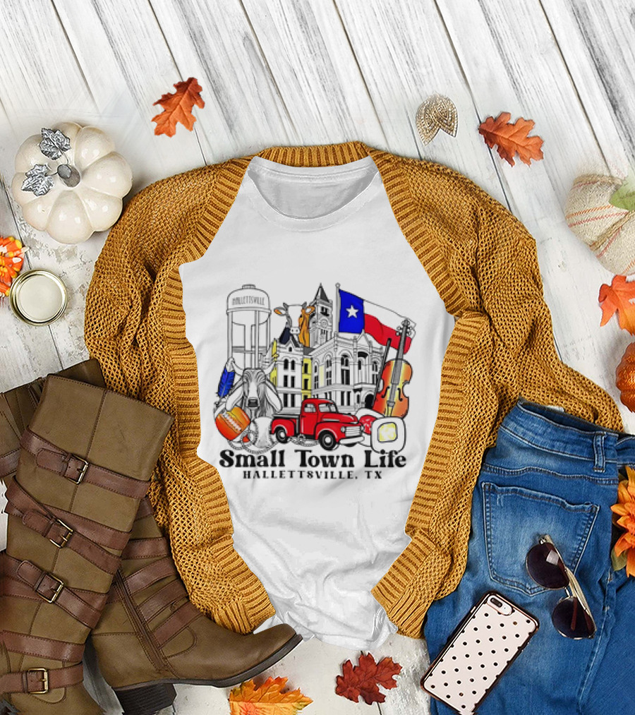 Small Town Life Hallettsville TX Water Tower Historic Courthouse Red Truck Texas Flag Cow Guitar T-Shirt