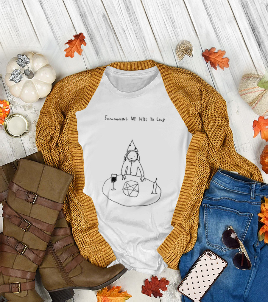 Summoning My Will to Live Wizard Hat Pentagram Candle Wine Sketch T-Shirt
