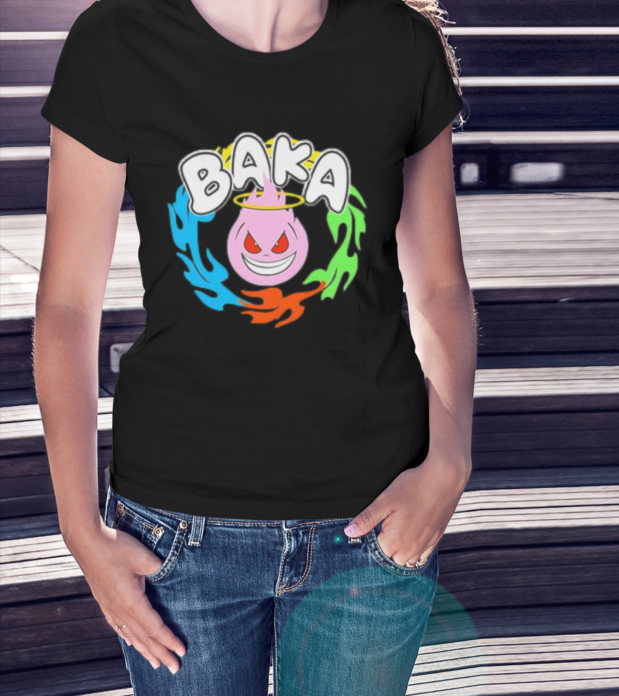 Baka Cartoon Flame With Mischievous Expression Surrounded By Colorful Fire Halo T-Shirt