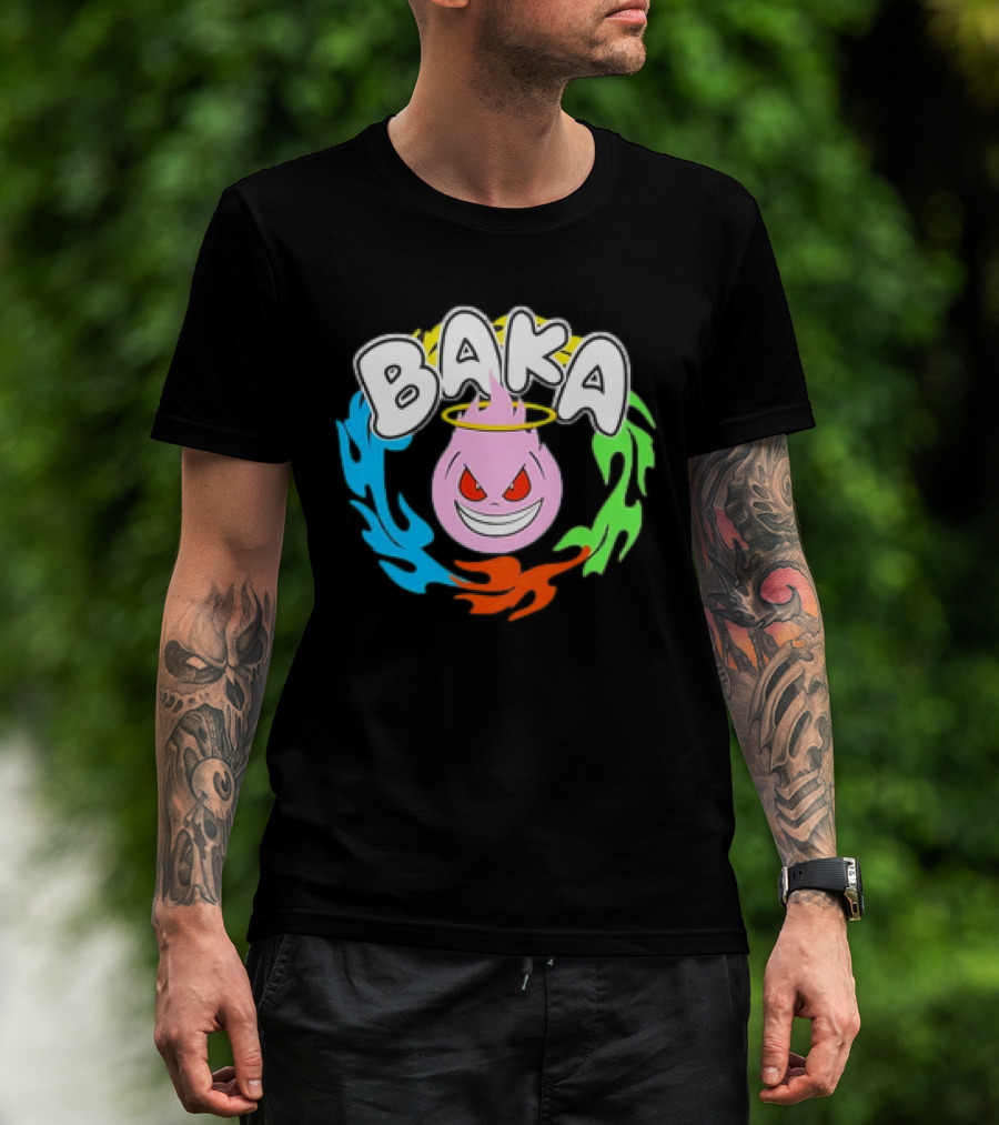 Baka Cartoon Flame With Mischievous Expression Surrounded By Colorful Fire Halo T-Shirt