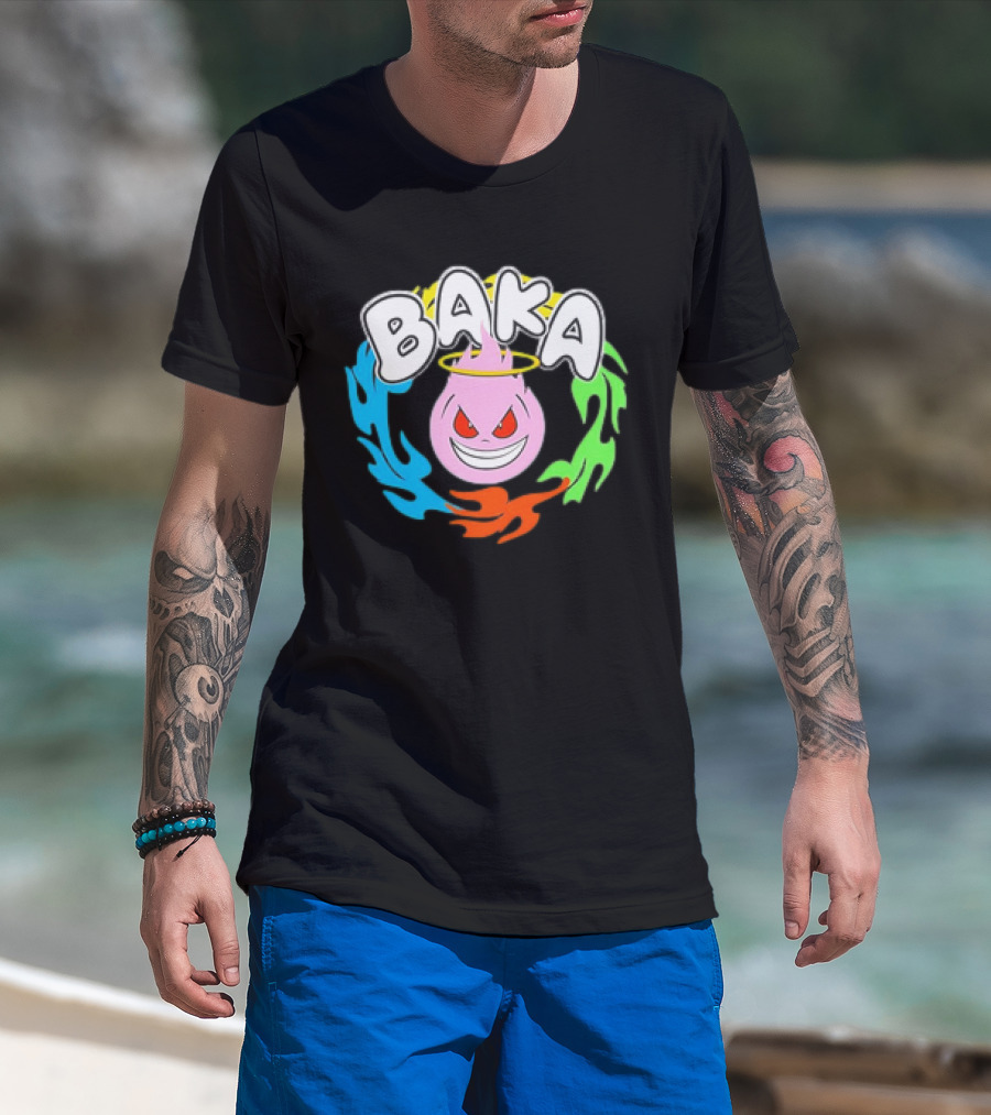 Baka Cartoon Flame With Mischievous Expression Surrounded By Colorful Fire Halo T-Shirt