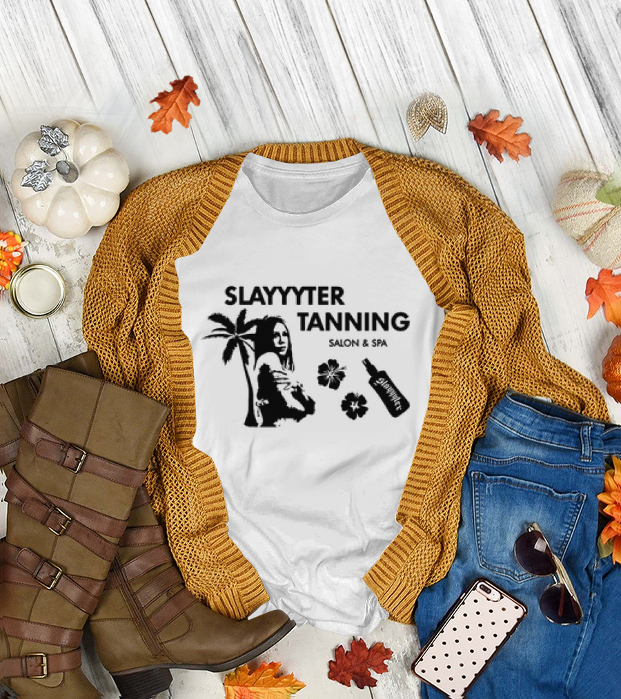 Slayyyter Tanning Salon and Spa Palm Flowers and Lotion Bottle T-Shirt