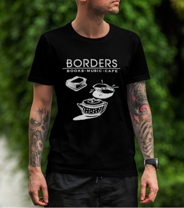 Borders Books Music Cafe Logo With Book, CD, And Teapot T-Shirt