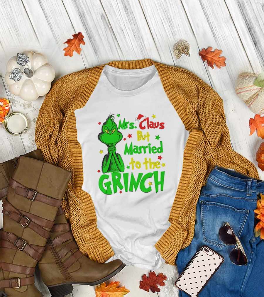 Mrs Claus But Married to the Grinch Green Character with Santa Hat and Stars T-Shirt