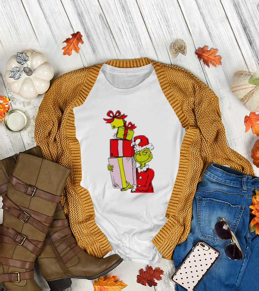 Grinch with Stacked Christmas Gifts Santa T-Shirt