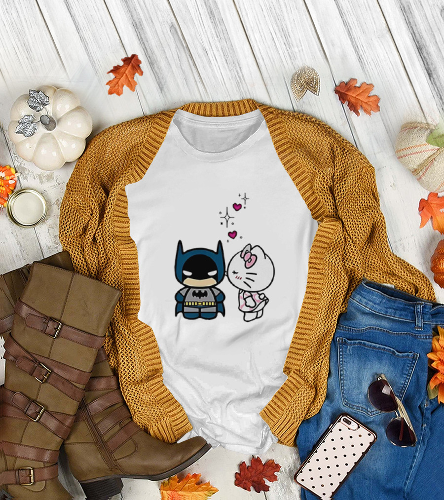 Hello Kitty Kissing Batman with Hearts and Sparkles T-Shirt