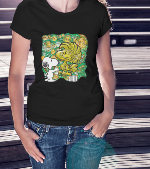 Peanuts Snoopy Spray Painting Woodstock In Starry Night Graffiti T-Shirt