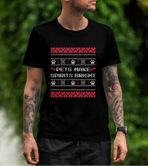 Pets Make Spirits Bright Christmas Ugly Sweater Paw Print Heart Snowflake T-Shirt