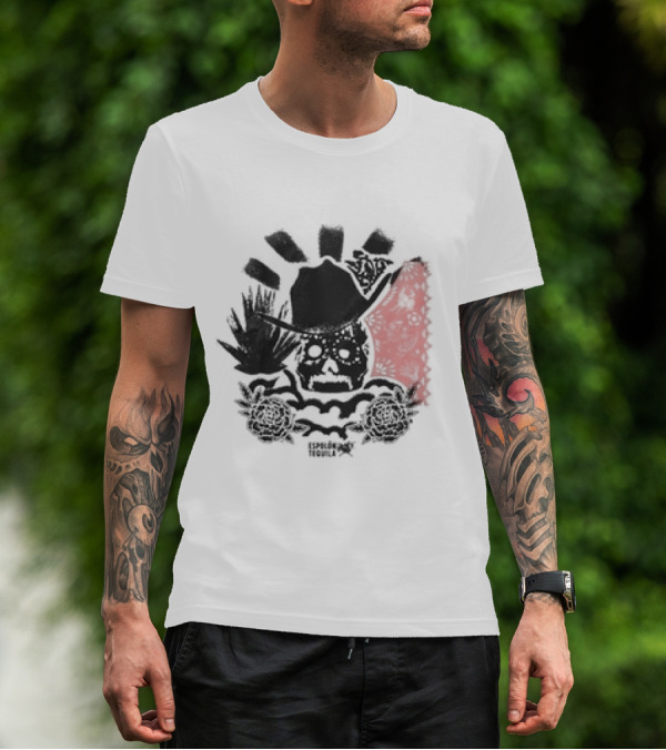 Los Espíritus Espolon Tequila Skull With Agave And Floral Elements T-Shirt