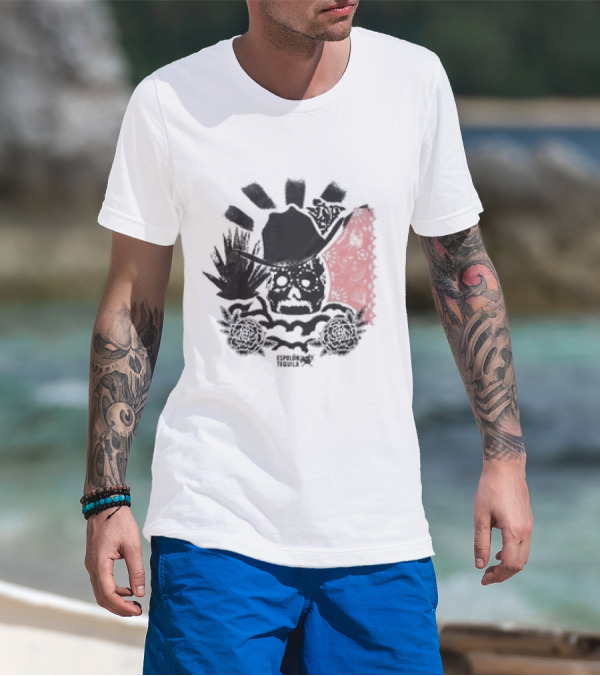 Los Espíritus Espolon Tequila Skull With Agave And Floral Elements T-Shirt