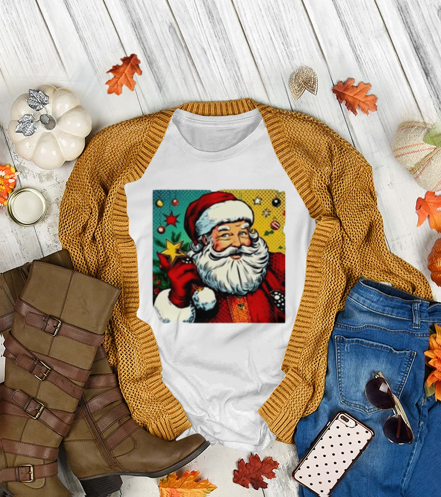 Christmas Retro Santa Claus Holding Star and Ornaments T-Shirt