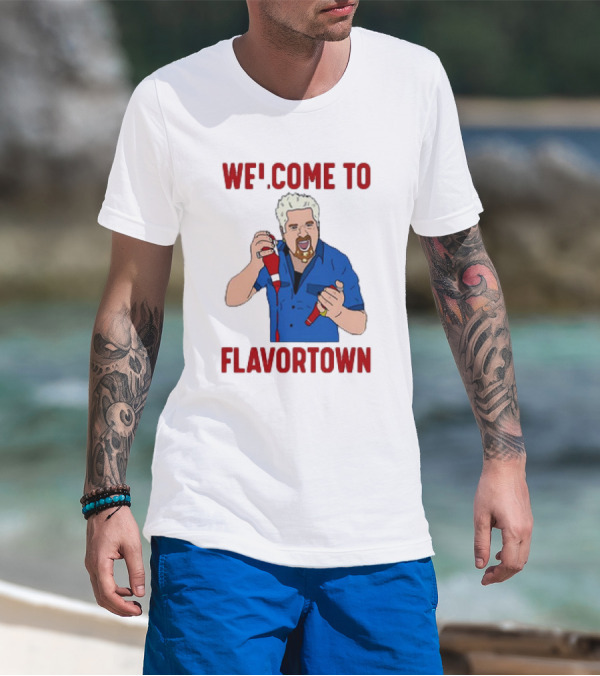 WECOME TO FLAVORTOWN Flavortown Guy Character Cartoon Blue Shirt Red Bottles T-Shirt