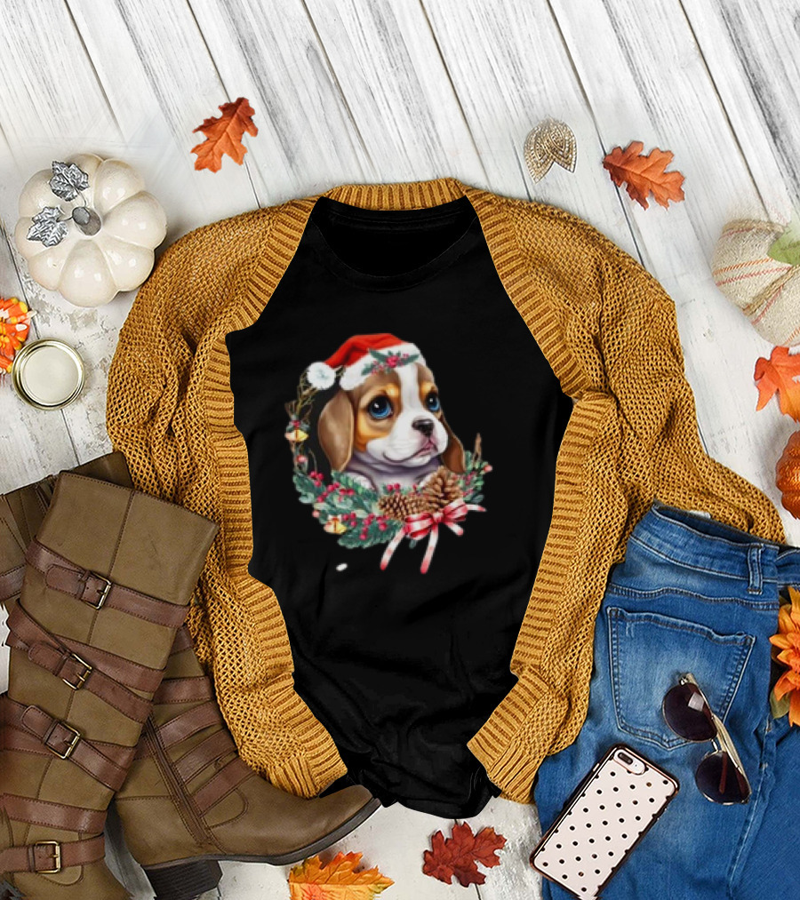 Christmas Beagle with Santa Hat and Holiday Wreath T-Shirt