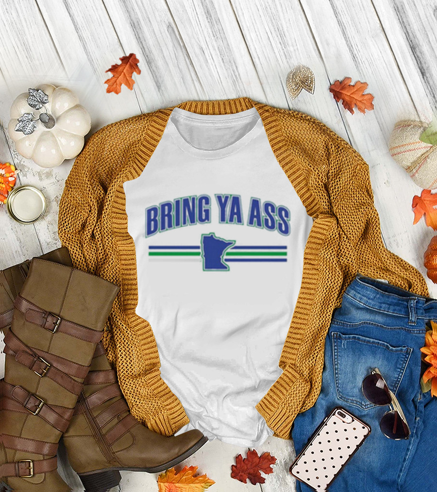 Bring Ya Ass Team Minnesota Outline Хоккейный поиск – Green Blue Stripes T-Shirt