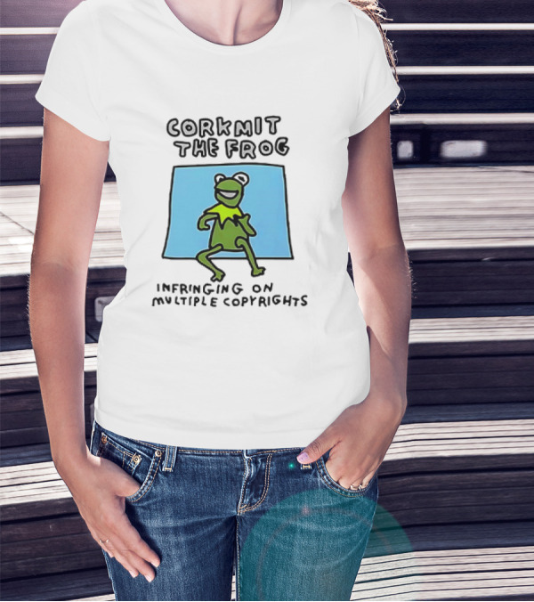 Corkmit The Frog Infringing On Multiple Copyrights Green Frog Cartoon With Blue Background T-Shirt