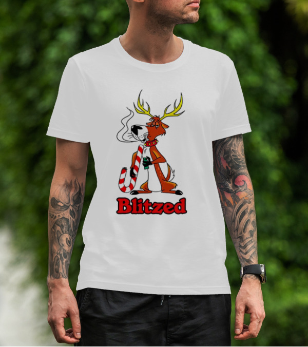 Blitzed Reindeer With Candy Cane And Holiday Cheer T-Shirt