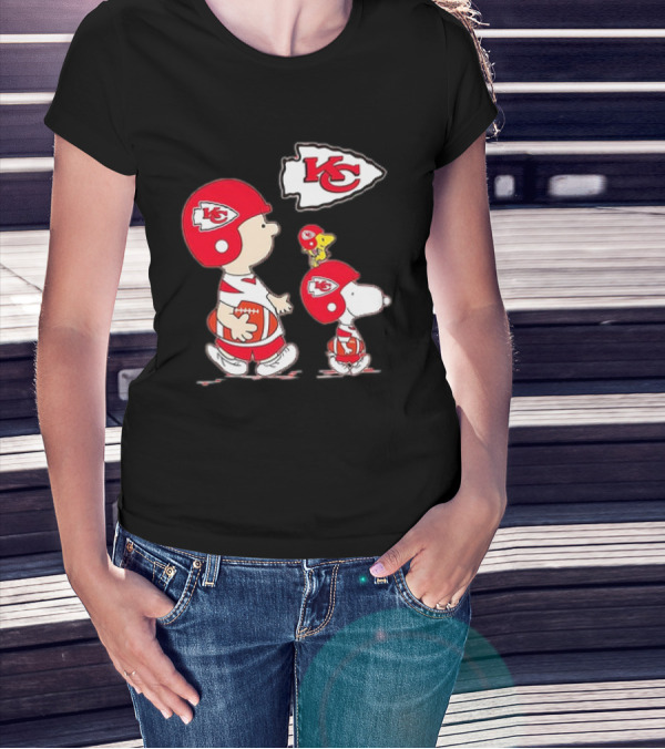 Peanuts Characters In Kansas City Chiefs Football Gear With KC T-Shirt