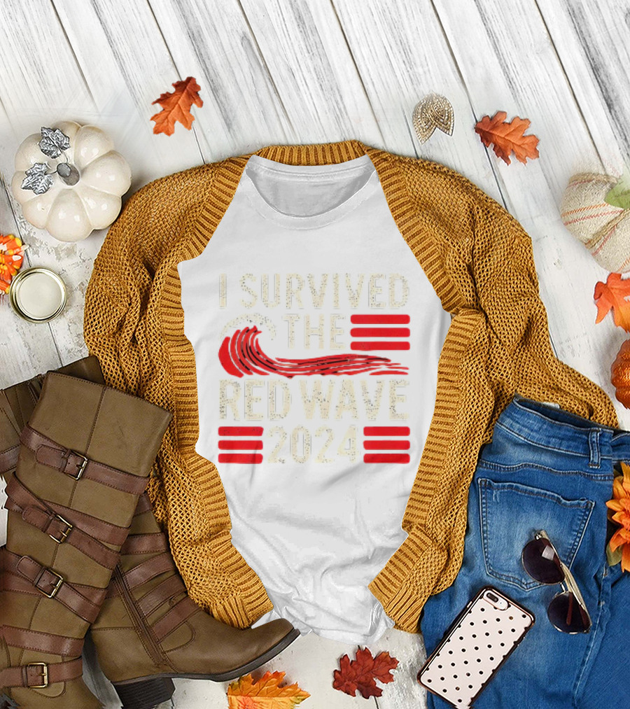 I Survived the Red Wave 2024 with Bold Red Wave and Stripe Symbols T-Shirt