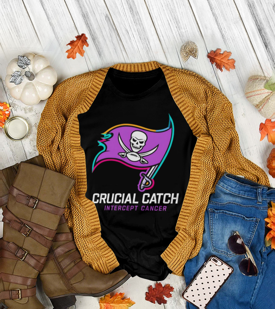 Tampa Bay Buccaneers 2024 Crucial Catch Intercept Cancer Logo Flag Skull Sword T-Shirt