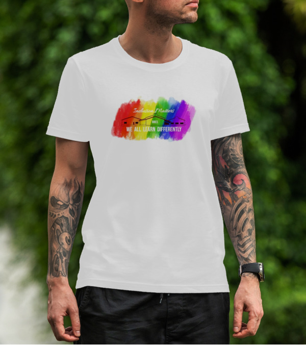 Inclusion Matters BBES We All Learn Differently Rainbow Brushstroke Background T-Shirt