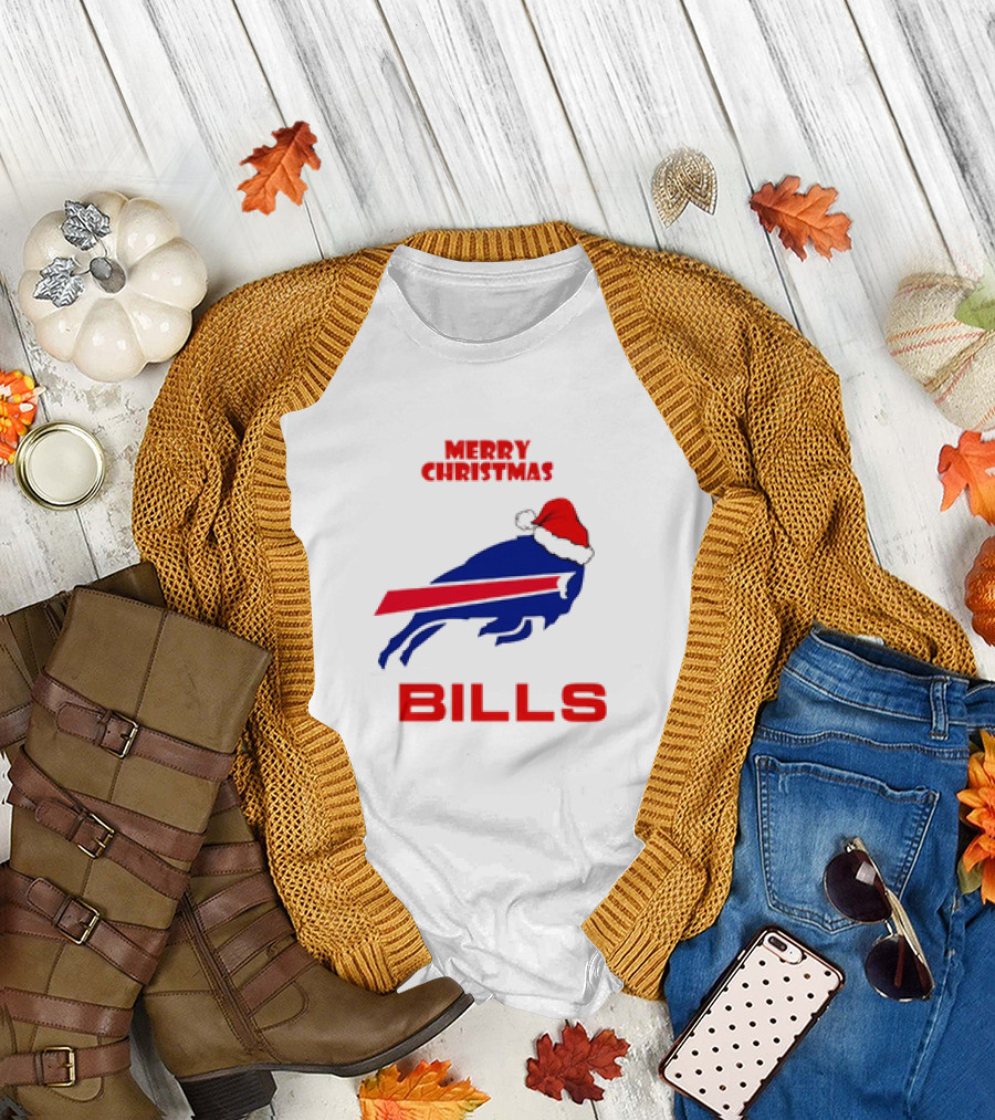 Merry Christmas Bills Santa Hat Logo Football Fan Gear T-Shirt