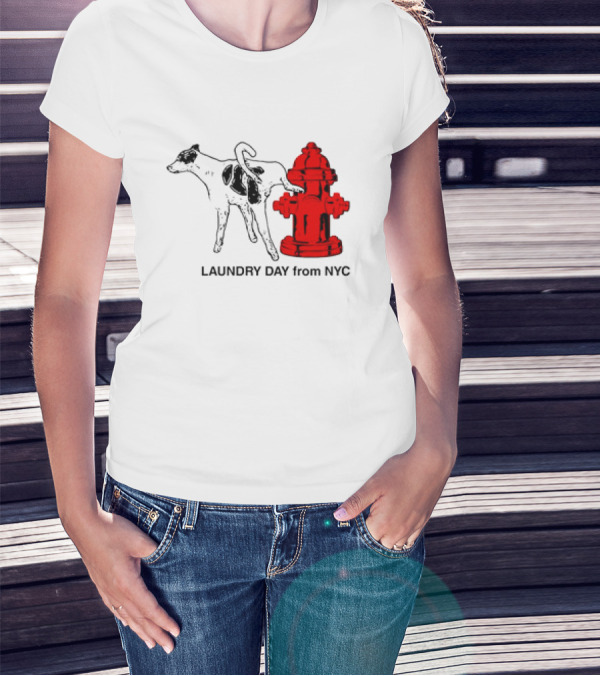 NYC Humorous Dog And Fire Hydrant Laundry Day Scene T-Shirt