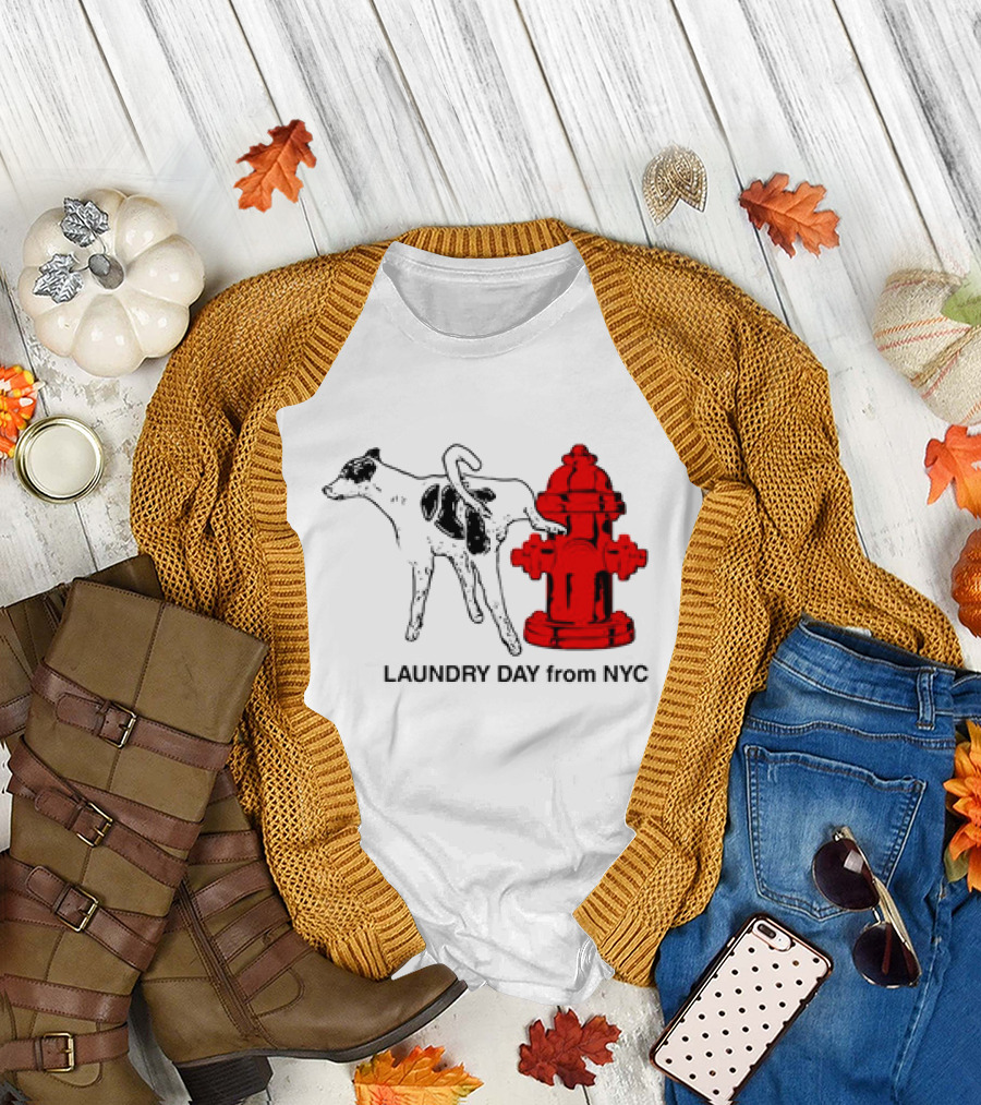 NYC Humorous Dog and Fire Hydrant Laundry Day Scene T-Shirt
