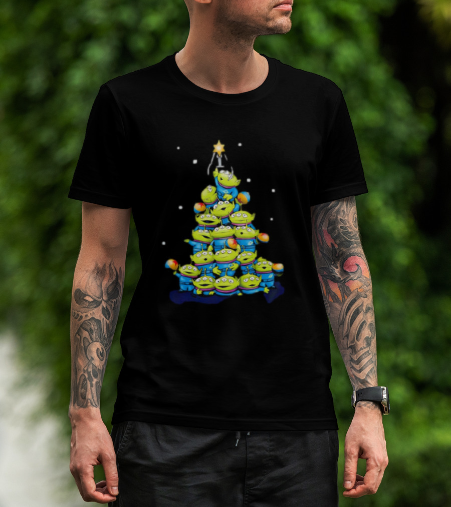 Aliens From Toy Story Forming Christmas Tree Tower With Star And Snowflakes T-Shirt