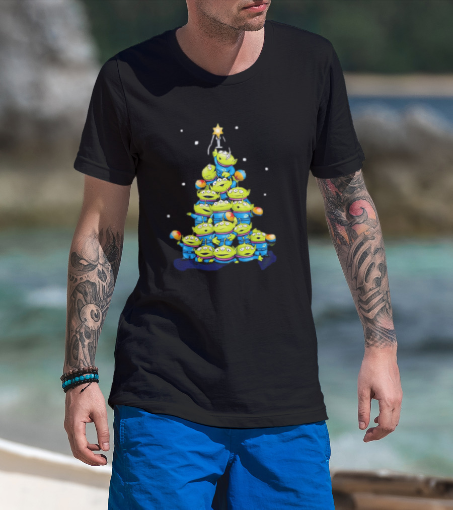 Aliens From Toy Story Forming Christmas Tree Tower With Star And Snowflakes T-Shirt