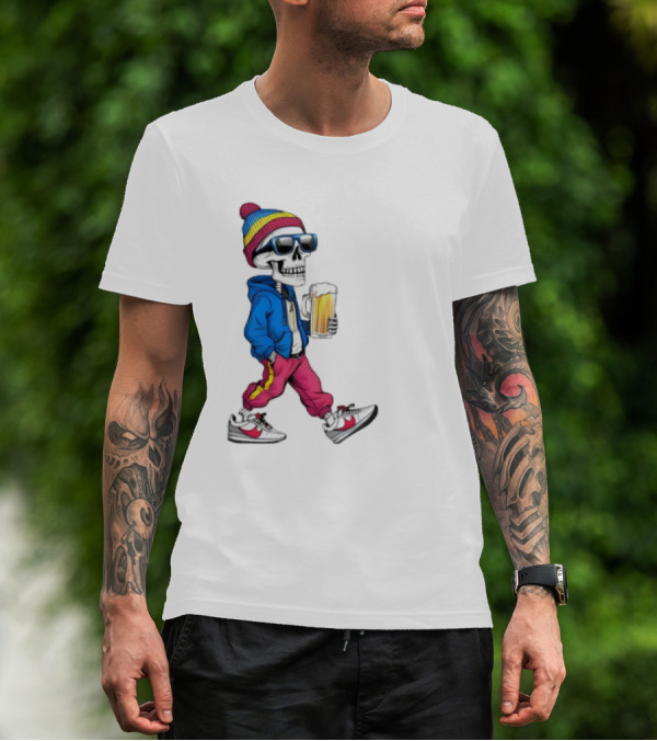 Skeleton Somewhere It's Beer Time Walking With A Mug T-Shirt