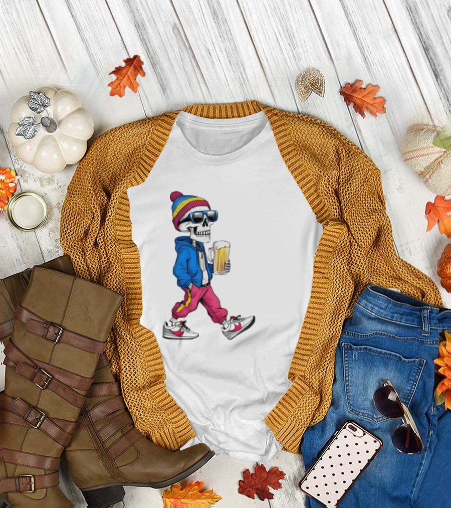 Skeleton Somewhere It's Beer Time Walking with a Mug T-Shirt