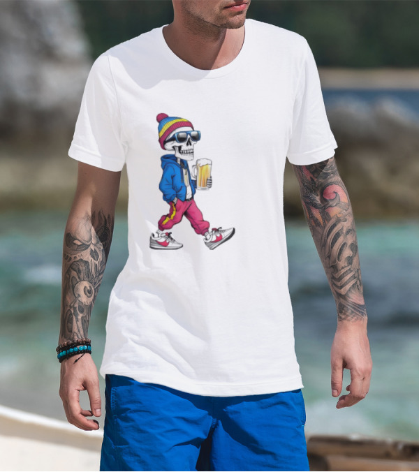 Skeleton Somewhere It's Beer Time Walking With A Mug T-Shirt