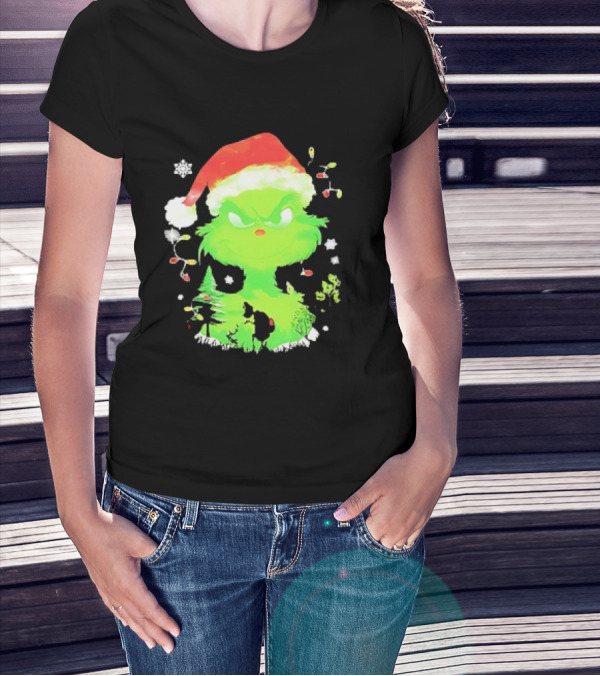 Grinch In Santa Hat Surrounded By Snowflakes And Christmas Lights T-Shirt