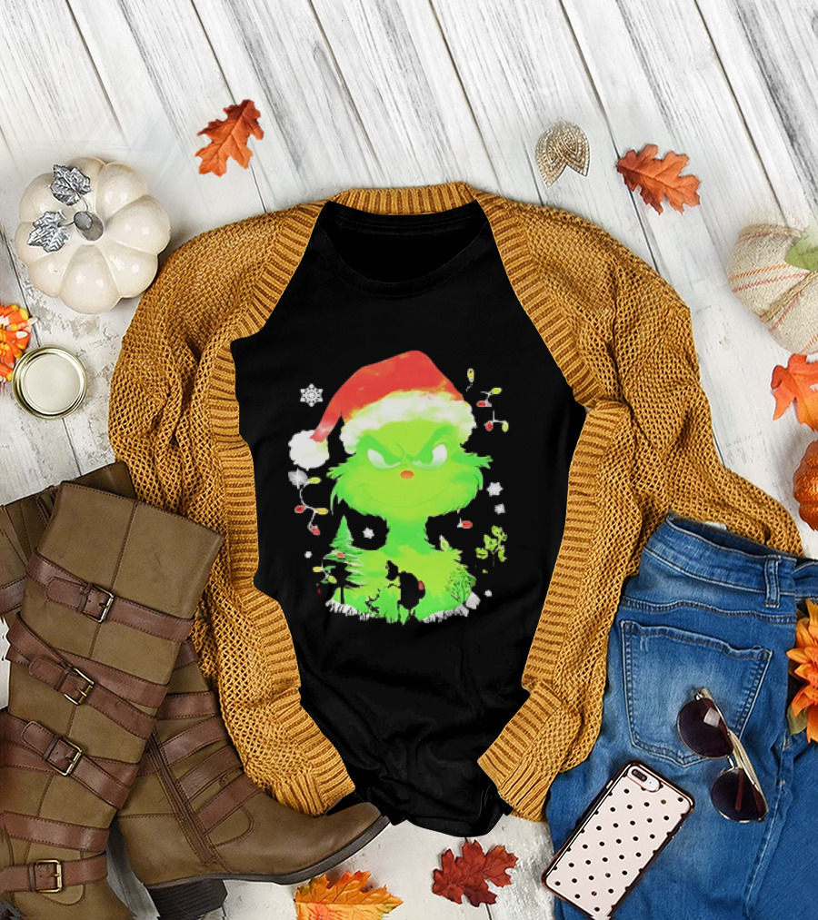Grinch in Santa Hat Surrounded by Snowflakes and Christmas Lights T-Shirt