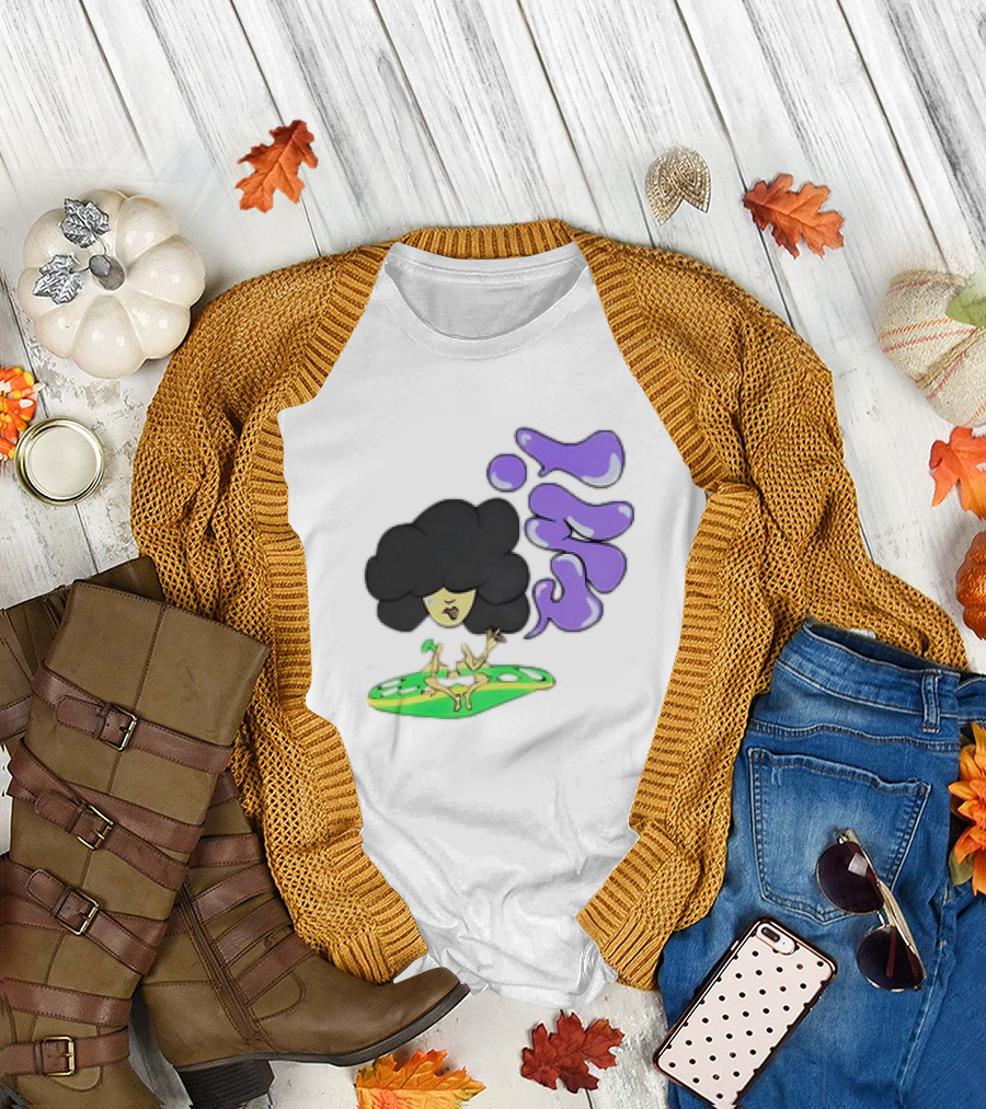 Umi Afro Character on Green UFO with Purple Bubble Letters T-Shirt