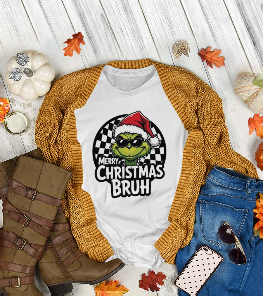 Merry Christmas Bruh Grinch with Santa Hat and Checkered Flags T-Shirt