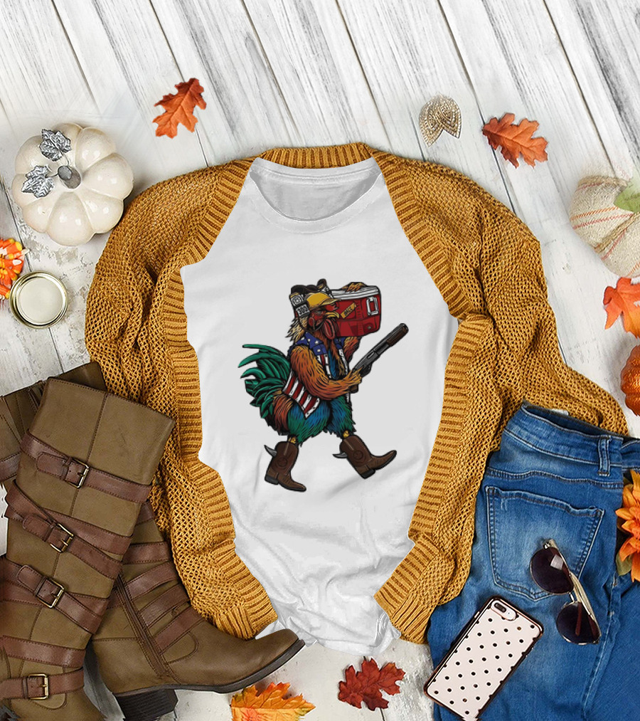 Merica Tacticock Chicken Patriotic Rooster with Beer Cooler and Shotgun T-Shirt