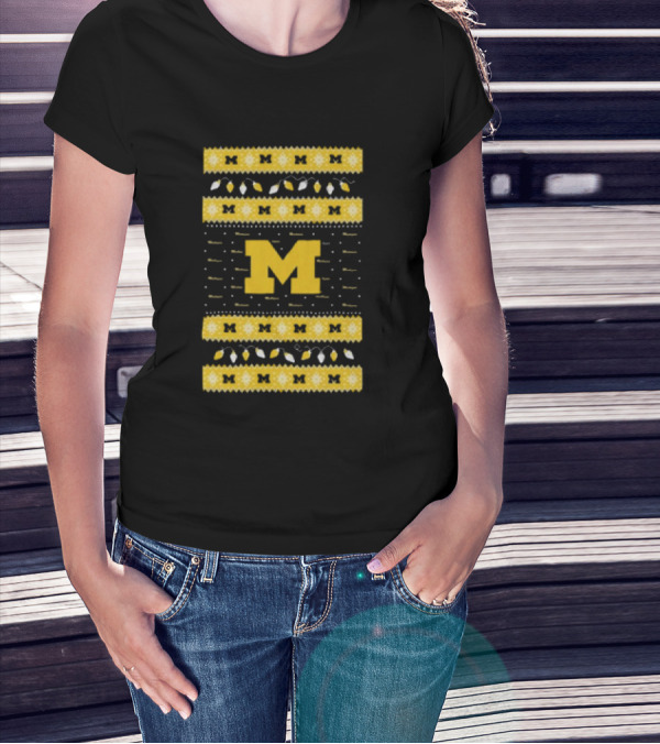 Michigan Wolverines Ugly Christmas Sweater Lights T-Shirt