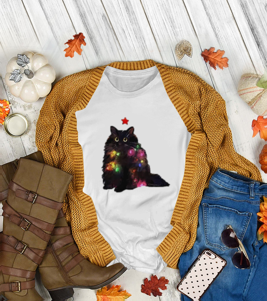 Black Cat Wrapped in Colorful Christmas Lights with Red Star T-Shirt