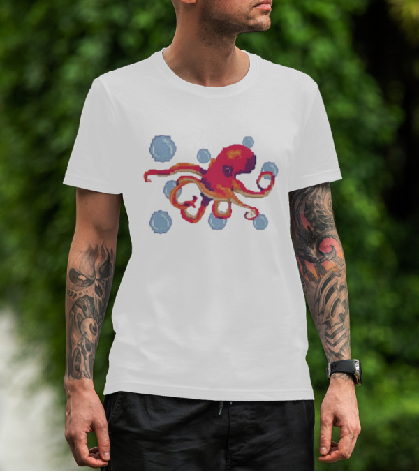 Octopus Swimming Through Blue Bubbles Pixel T-Shirt