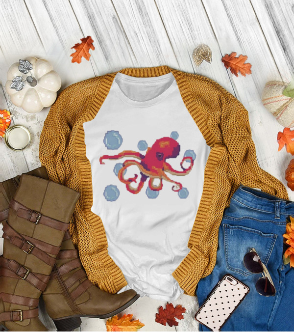 Octopus Swimming Through Blue Bubbles Pixel T-Shirt