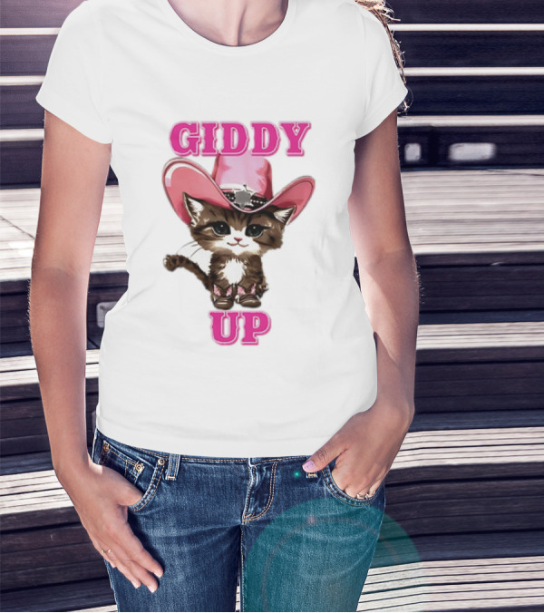 Giddy Up Cowboy Cat Pink Hat Kitten T-Shirt
