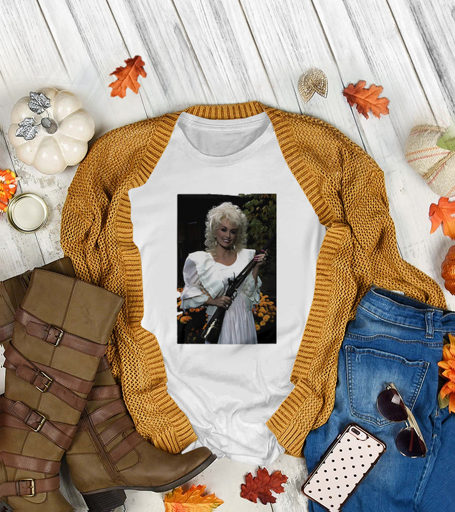 Dolly Parton Holding Rifle with Vintage Humor T-Shirt