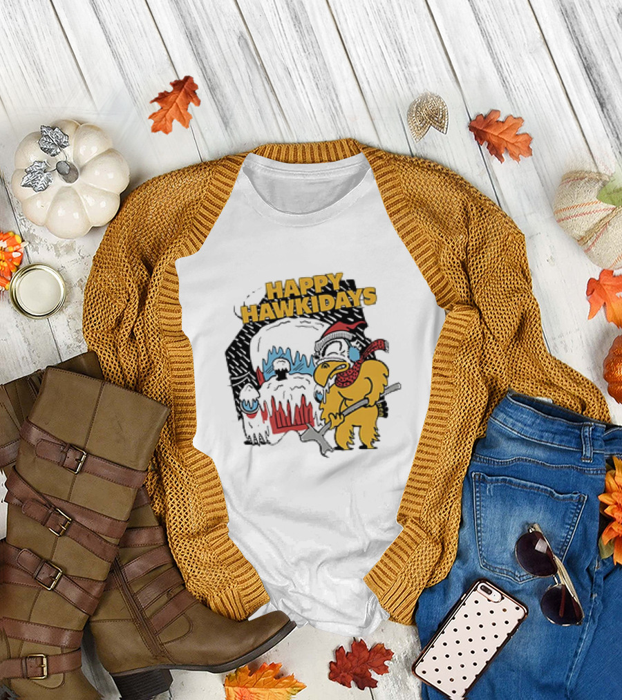 Happy Hawkidays Iowa Hawkeyes Frozen Mascot Holiday Fun T-Shirt