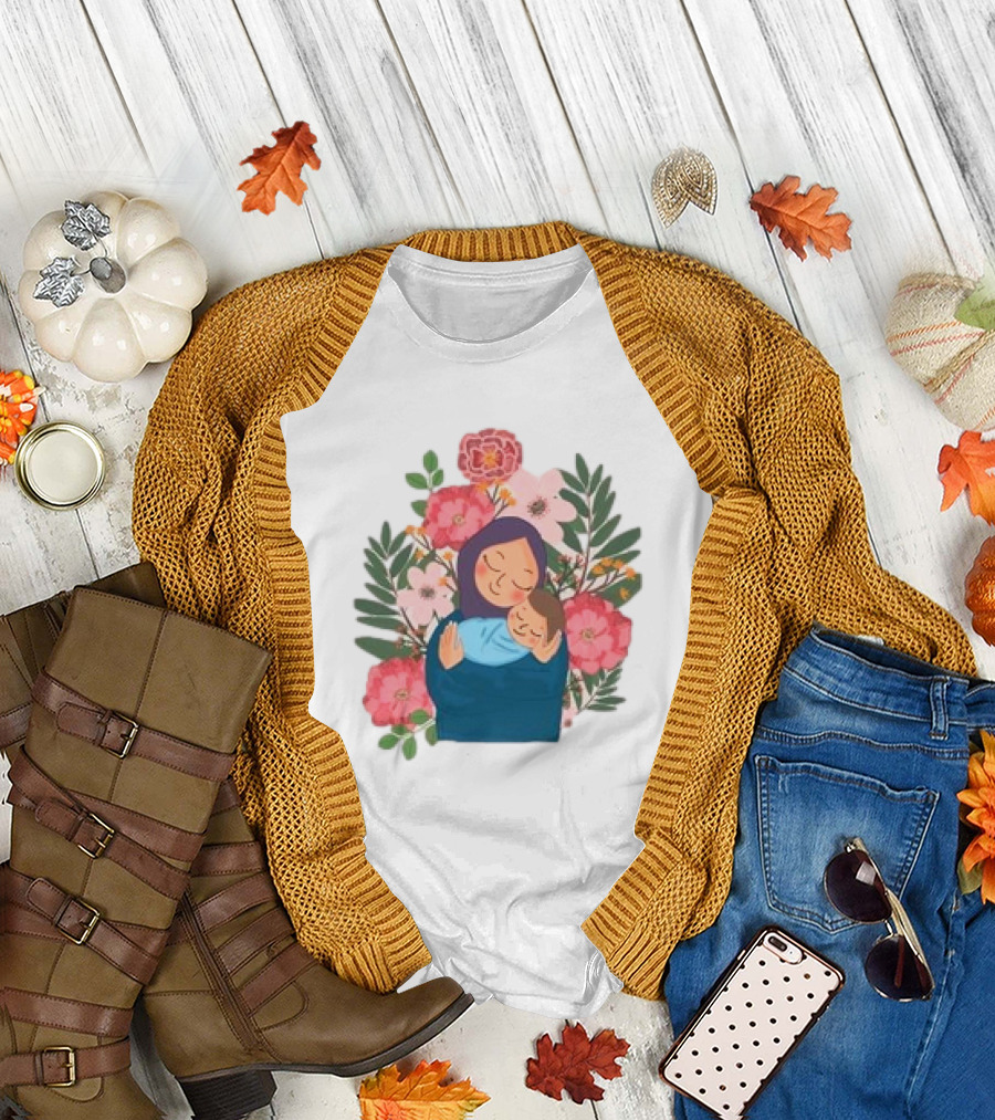Mom and New Baby Boy Mother's Day Paint Floral Embrace T-Shirt